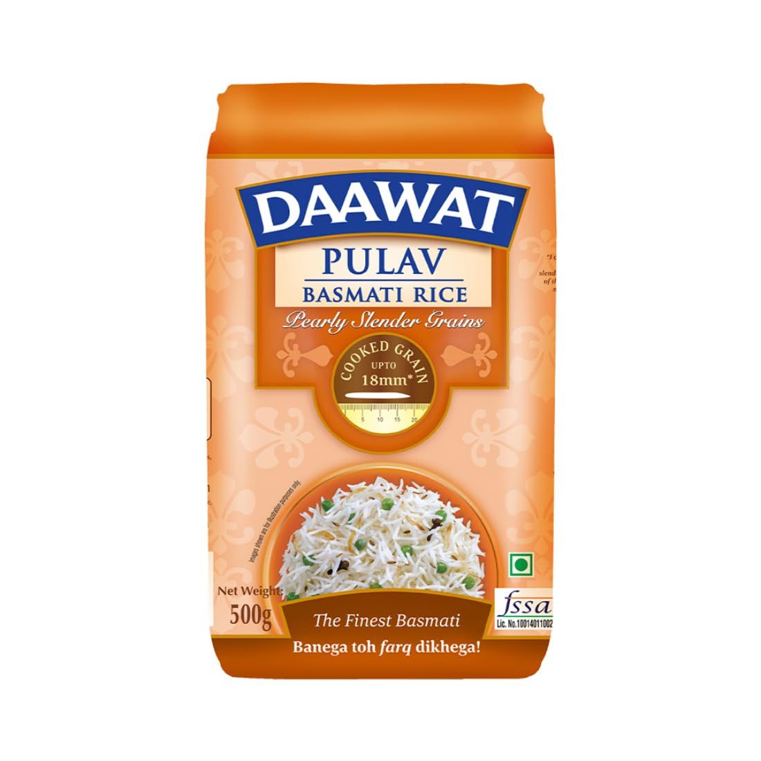 Daawat Pulav Basmati Rice, 500G, Pearly Slender Grains, Cooked Grain Upto 18Mm*, Long & Fluffy Pulav Rice