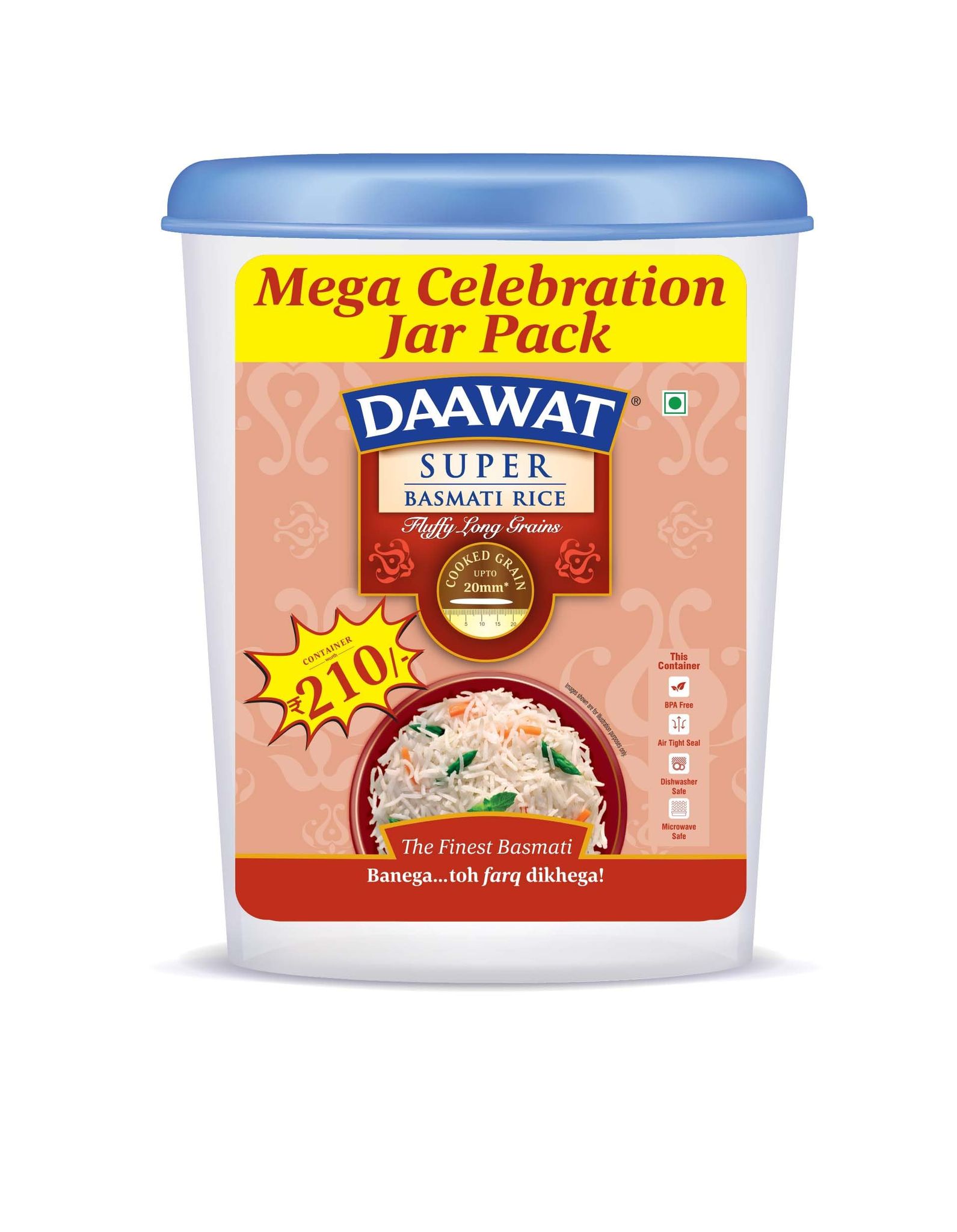 Daawat Super Basmati Rice 2Kg Jar, Fluffy Long Grains, Cooked Upto 20Mm*