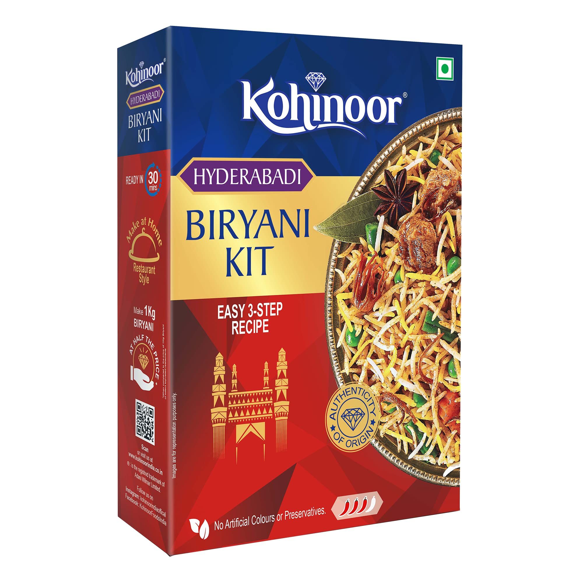 Kohinoor Authentic Basmati Biryani Kit, Hyderabadi, Easy 3, Step Recipe, Ready To Cook Biryani, 339G