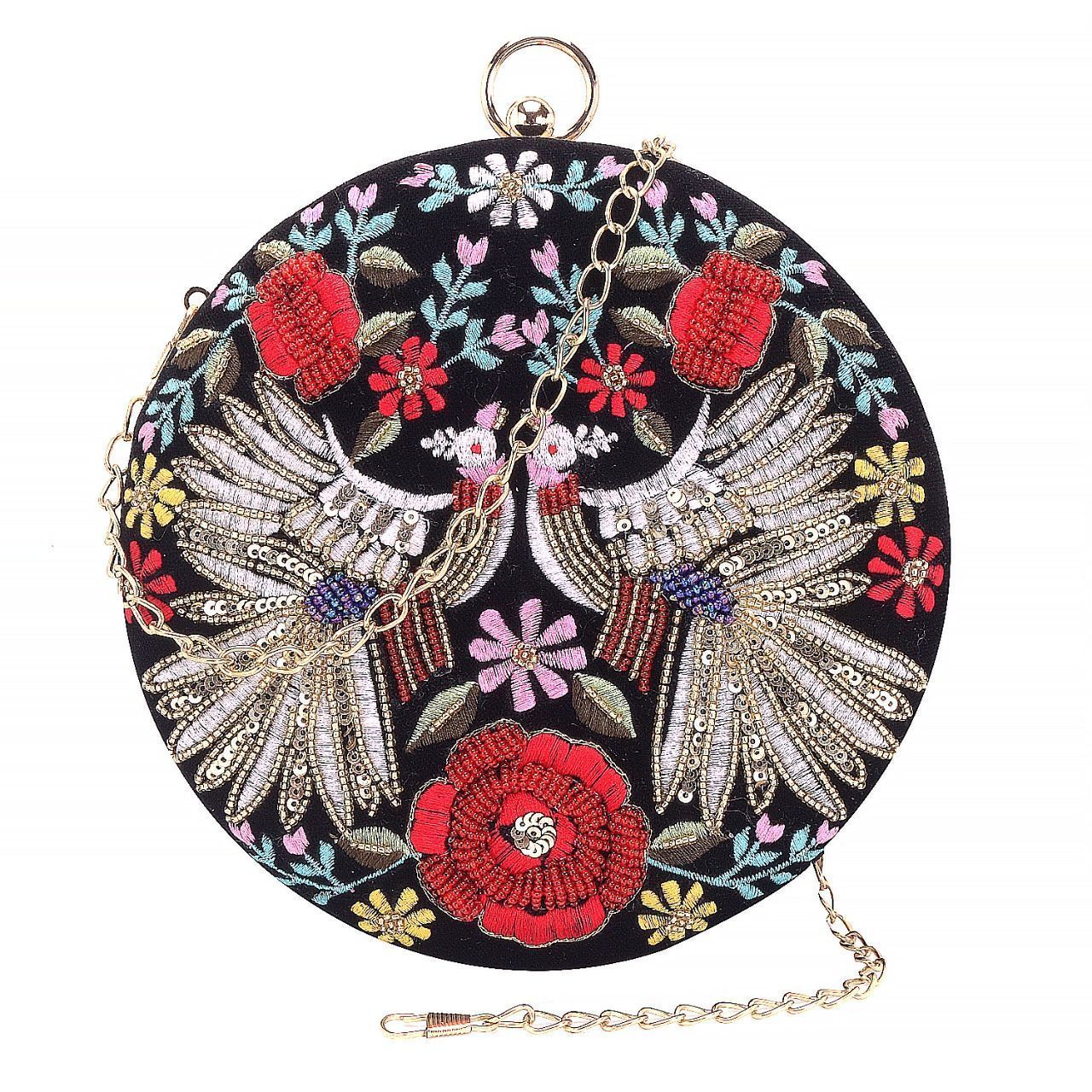 Black multi Color Hand Embroided Beaded Round Clutch Cum Sling Bag