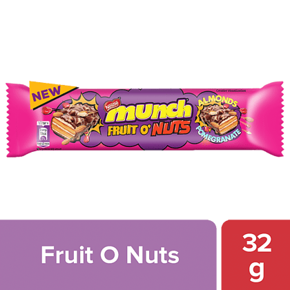 Nestle Munch, Fruit O' Nuts Chocolate Coated Crunchy Wafer Bar, Almond & Pomegranate, 32 G