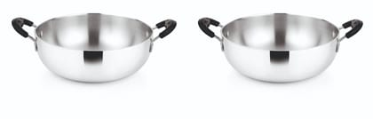 Set of 2 Stainless Steel Kadhai with Black Handles - 1.5 Litre and 2 Litre Set of 2 Stainless Steel Kadhai with Black Handles - 1.5 Litre and 2 Litre