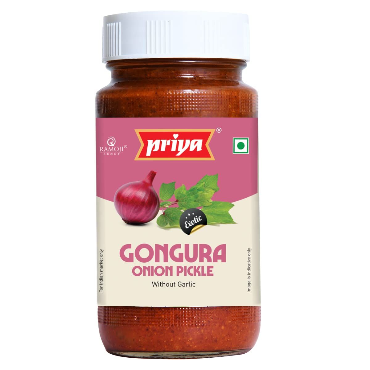 Priya Gongura Onion Pickle Without Garlic, 300G, Telugu Style Achar, Traditional South Indian Taste|Homemade Gongura Onion Achar, Tangy And Spicy, With Tamarind Paste And Mixed Spices, Glass Jar