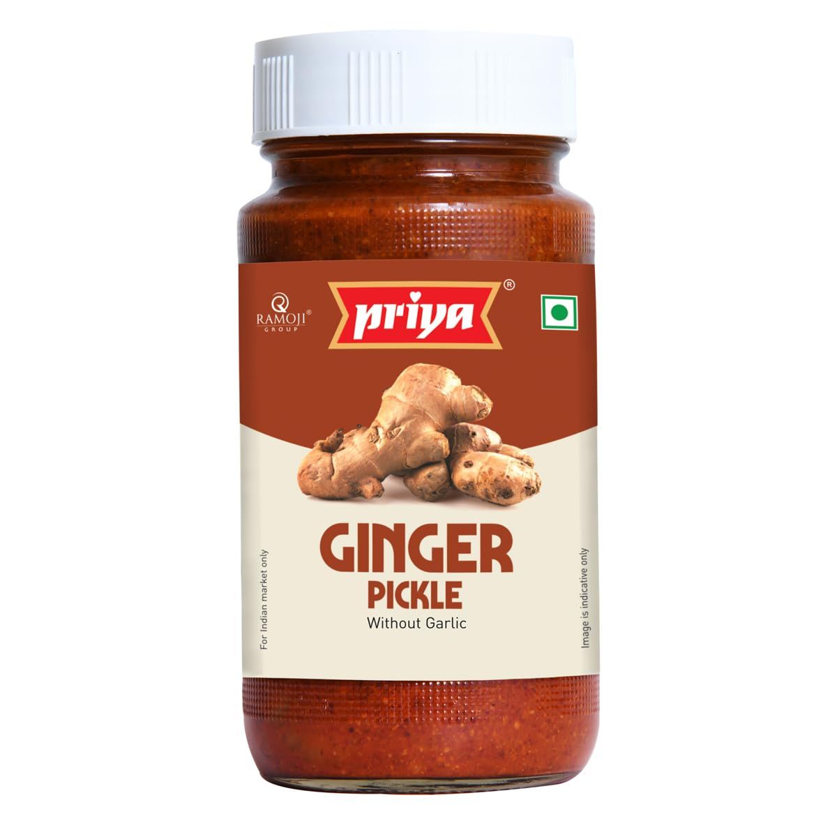 Priya Ginger Pickle Without Garlic, 300G, Authentic Telugu Style Adrak Achar Homemade Andhra Pickles With Tamarind Paste, Jaggery & Mixed Spices, Glass Jar