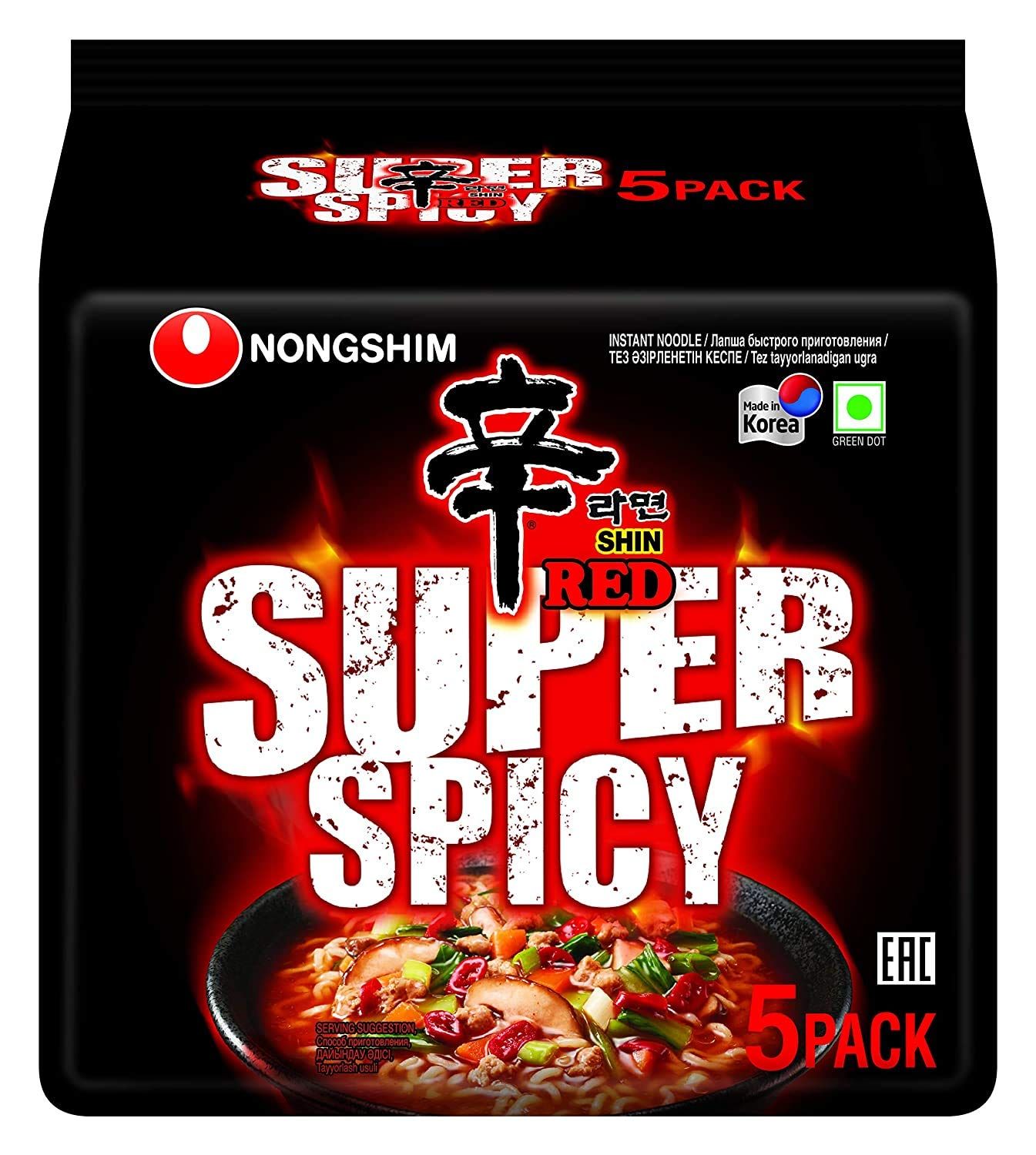 Nongshim Shin Red Super Spicy Instant Noodles, 4.23 Oz 120 G, 5 Pack