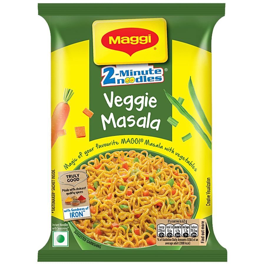 Maggi 2 Minute Instant Noodles, Veggie Masala, Made With Quality Spices, Rich In Fibre, 62 G Pouch