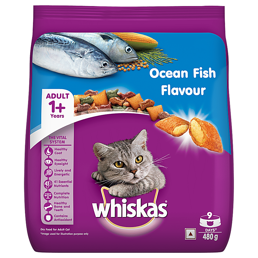 Whiskas Dry Pet Food, For Adult Cats, 1+ Years, Ocean Fish Flavour, 480 G
