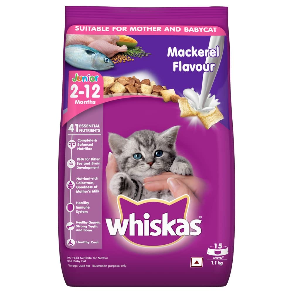 Whiskas Kitten (2, 12 Months) Dry Cat Food, Mackerel Flavour, 1.1Kg Pack