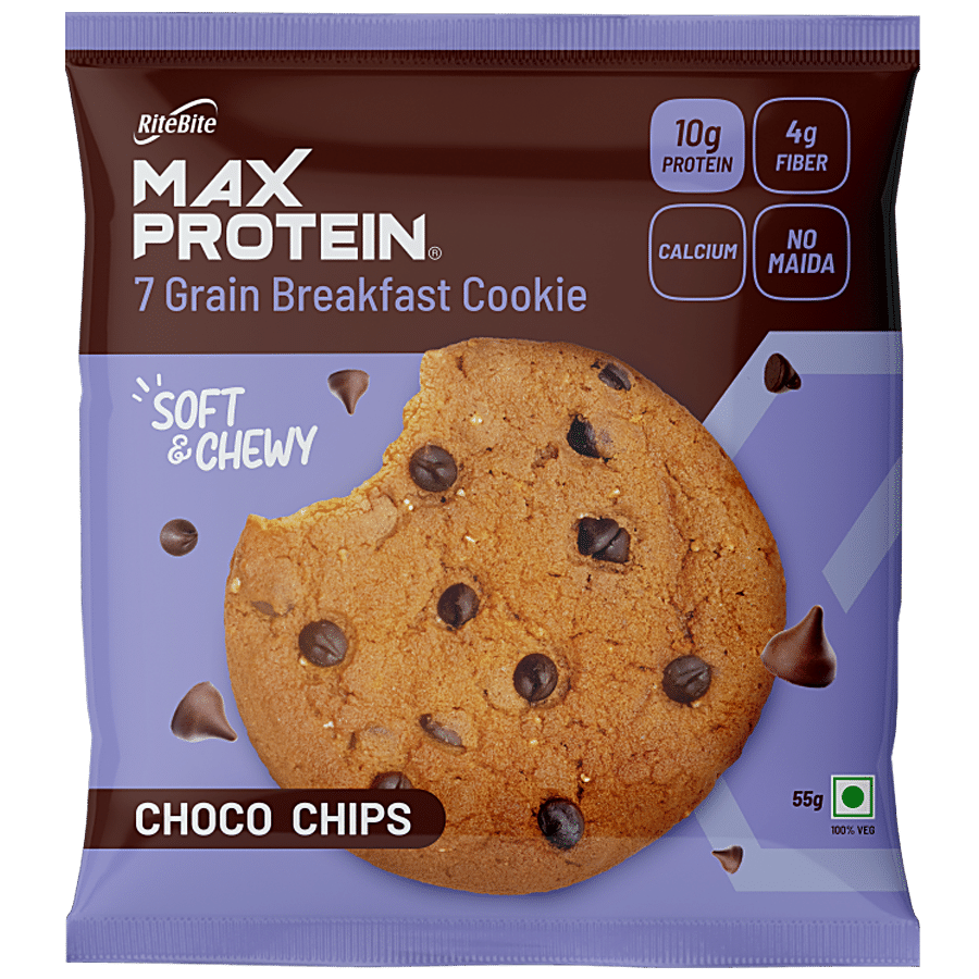 Ritebite Max Protein Choco Chip Cookie, With No Maida, Healthy Biscuit, 7 Grains Protein Snacks, 55 G