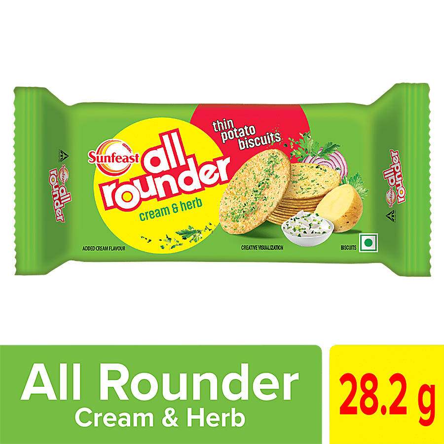 Sunfeast All Rounder, Thin, Light & Crunchy Potato Biscuit With Cream & Herb Flavour, 28.2 Gm Pouch