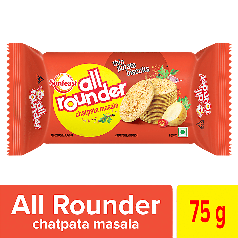 Sunfeast All Rounder, Thin, Light & Crunchy Potato Biscuit With Chatpata Masala Flavour, 75 G Pouch