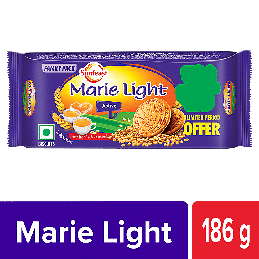Sunfeast Marie Light Active Biscuits, With Iron & 6 Vitamins, Tea Time Partner, 186 G Pouch