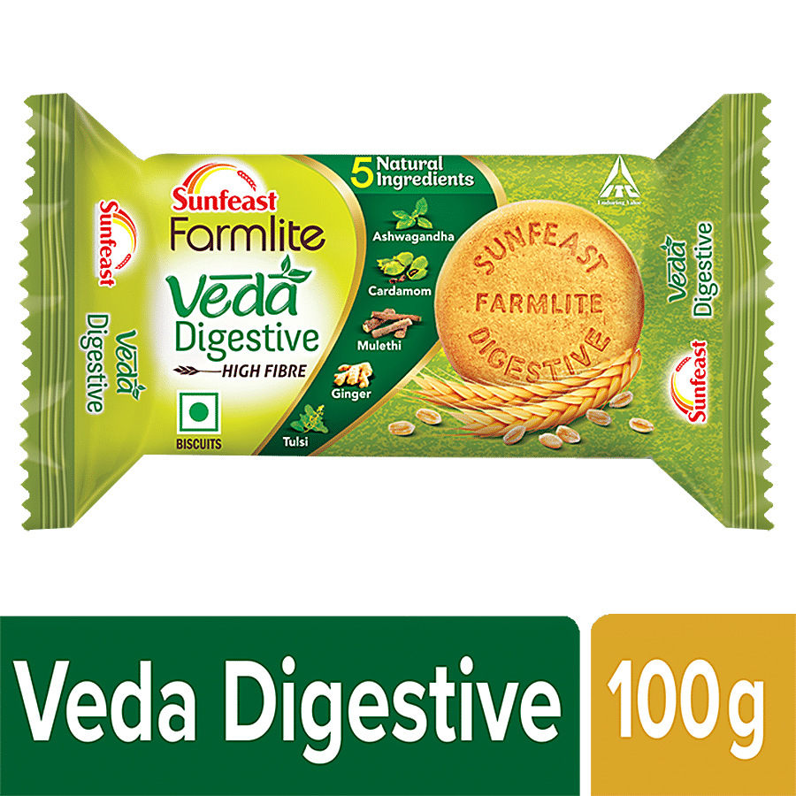 Sunfeast Farmlite Veda Digestive Biscuit, High Fibre, Goodness Of 5 Natural Ingredients & Wheat Fibre, 100 G Pouch