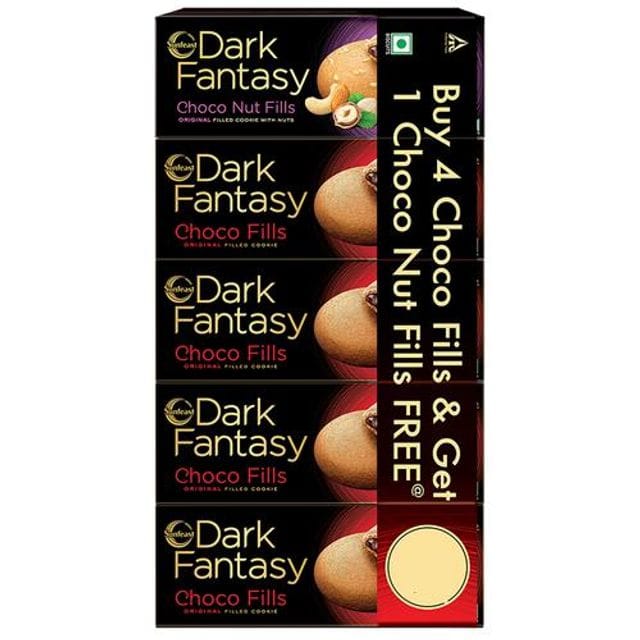 Sunfeast Dark Fantasy Combi Pack, Choco Fills, Original Filled Cookies, 75 G, Buy 4 Get 1 Free