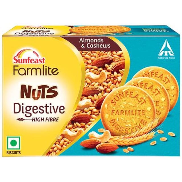 Sunfeast Farmlite Nuts Digestive Biscuit, High Fibre, Goodness Of Almonds, Cashews & Wheat Fibre, 250 G Carton