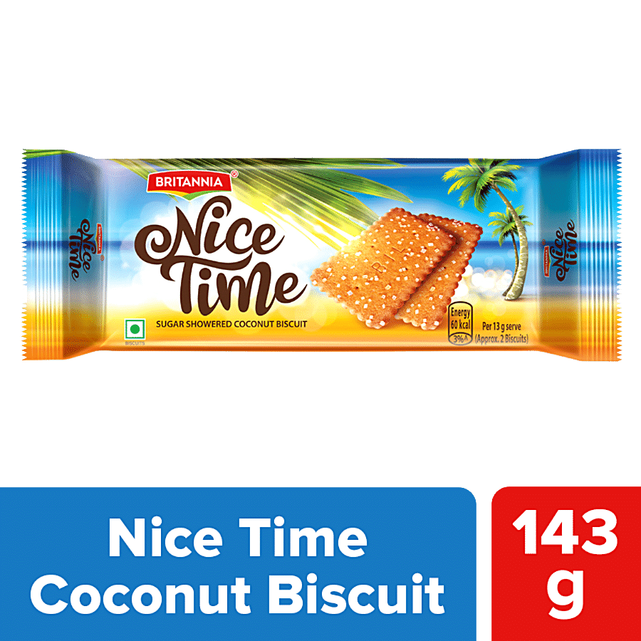 Britannia Nice Time Coconut Biscuit, Ready To Eat, Crunchy & Sweet, 143 G