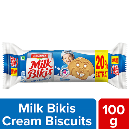 Britannia Milk Bikis, Milk Cream Biscuits, Essential Nutrients, Teatime Snack, 100 G