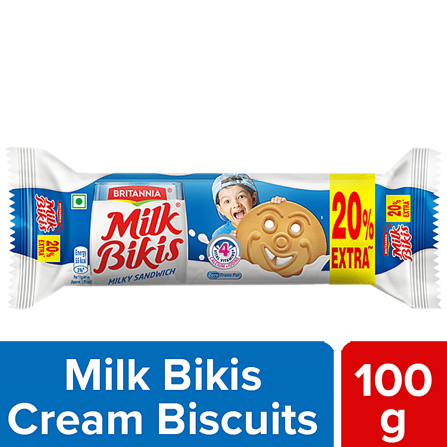 Britannia Milk Bikis, Milk Cream Biscuits, Essential Nutrients, Teatime Snack, 100 G