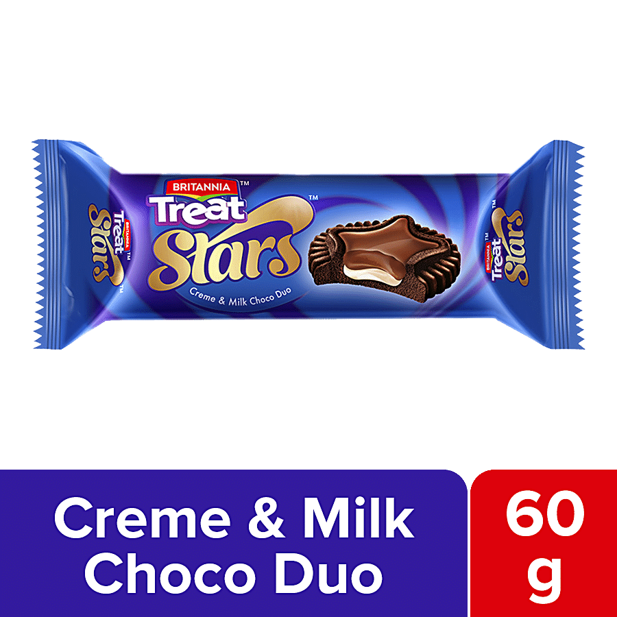 Britannia Treat Stars Creme Biscuits, Milk Choco Duo, 60 G