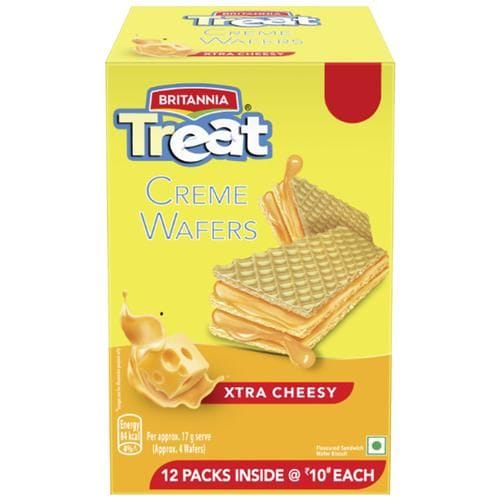 Britannia Treat Creme Wafers, Xtra Cheesy, Flavoured Sandwiched Biscuit, 408 G (12N X 34 G Each)