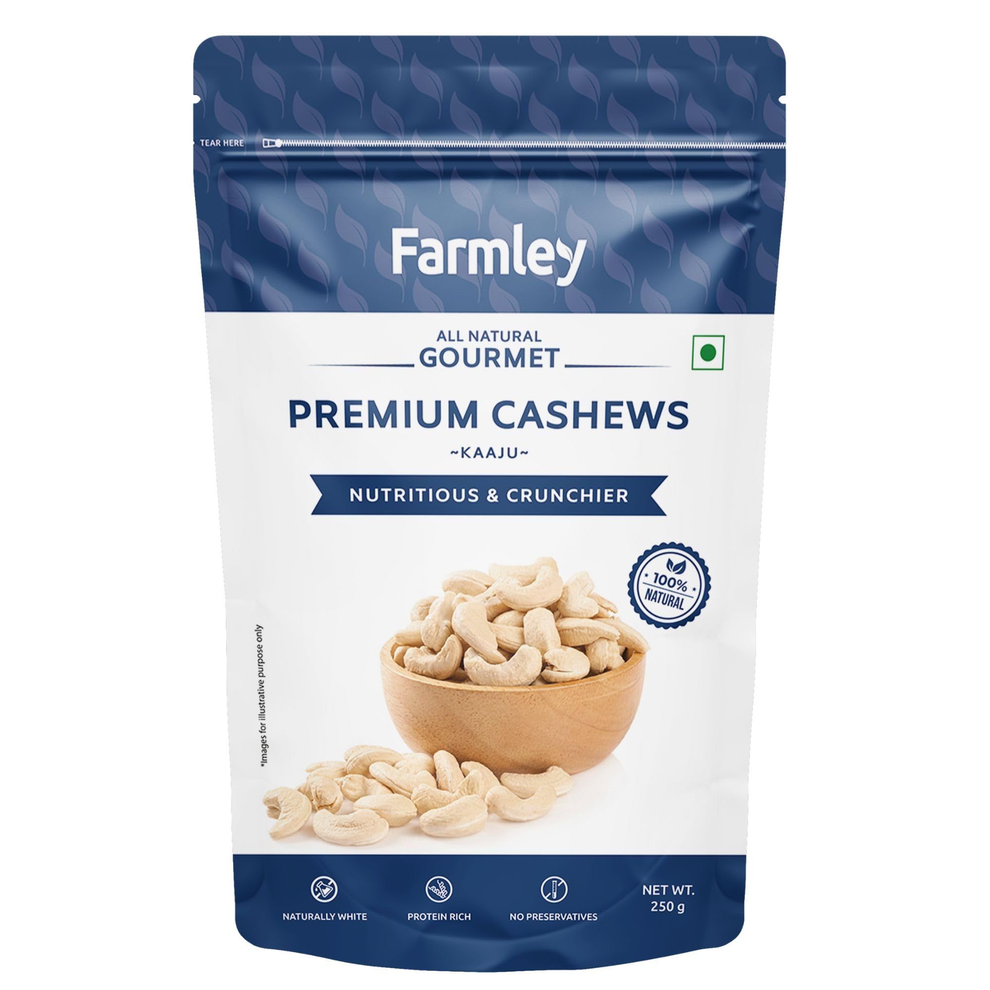 Farmley Whole Cashews I, 250 Gram, Value Pack, Premium Kaju Dry Fruits, Whole Crunchy Cashews, Rich In Protein, & Nutritious, Gluten Free & Plant Based Protein(Pack Of 1)