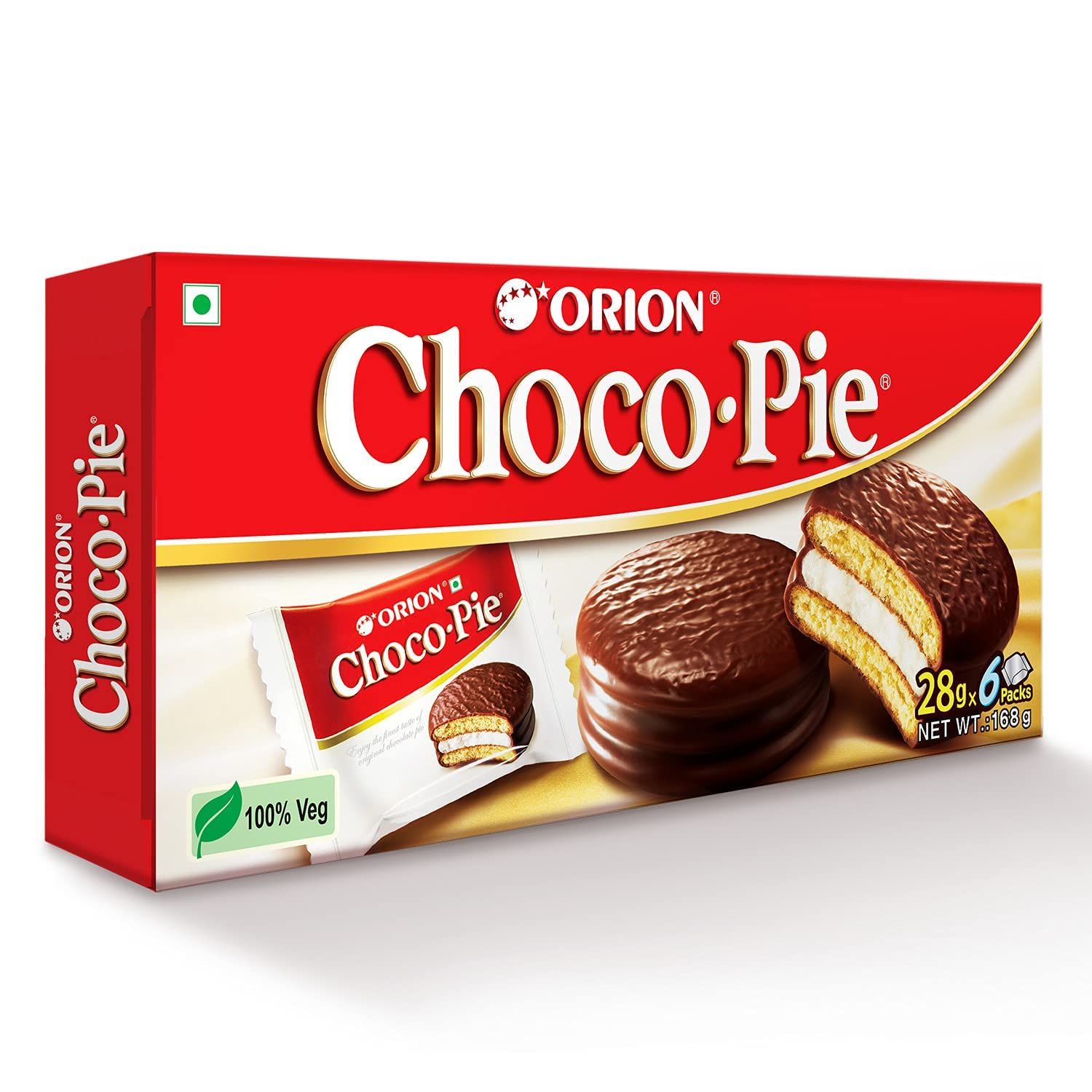 Orion Choco Pie, Chocolate Coated Soft Biscuit 6 Pcs Pack, 168 G