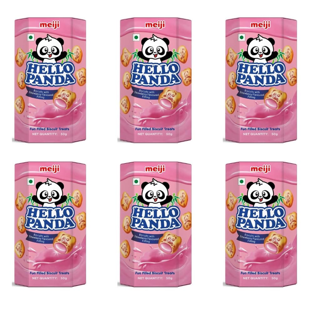 Meiji Hello Panda Biscuits With Strawberry Flavoured Filling (Pack Of 6, 300G), Bite Sized Biscuits Filled With Strawberry Flavoured Cream