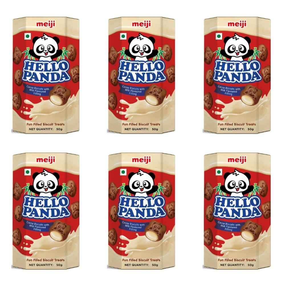 Meiji Hello Panda Cocoa Biscuits With Milk Flavoured Filling (Pack Of 6, 300G), Bite Sized Cocoa Biscuits Filled With Milk Flavoured Cream