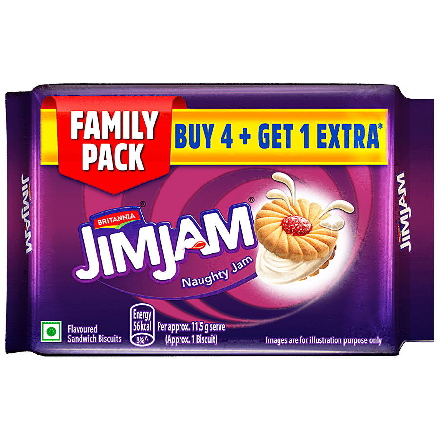 Britannia Jim Jam Cream Biscuit, Crunchy, Ready To Eat, 460 G, Buy 4 Get 1 Extra