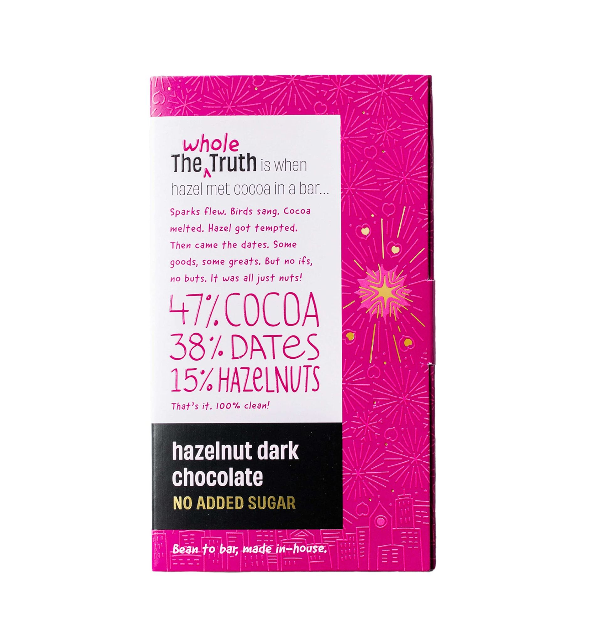The Whole Truth, Dark Chocolate, No Added Sugar, Sweetened Only With Dates, 47% Cocoa, 38% Dates, 15% Hazelnuts