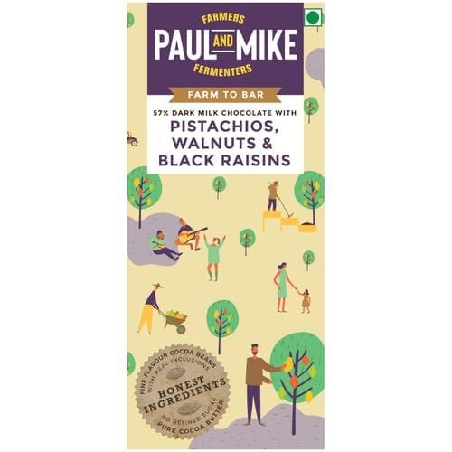 Paul And Mike Pistachios Walnuts & Black Raisins Chocolate, 57% Dark Milk, No Refined Sugar, 100% Natural, 68 G Box