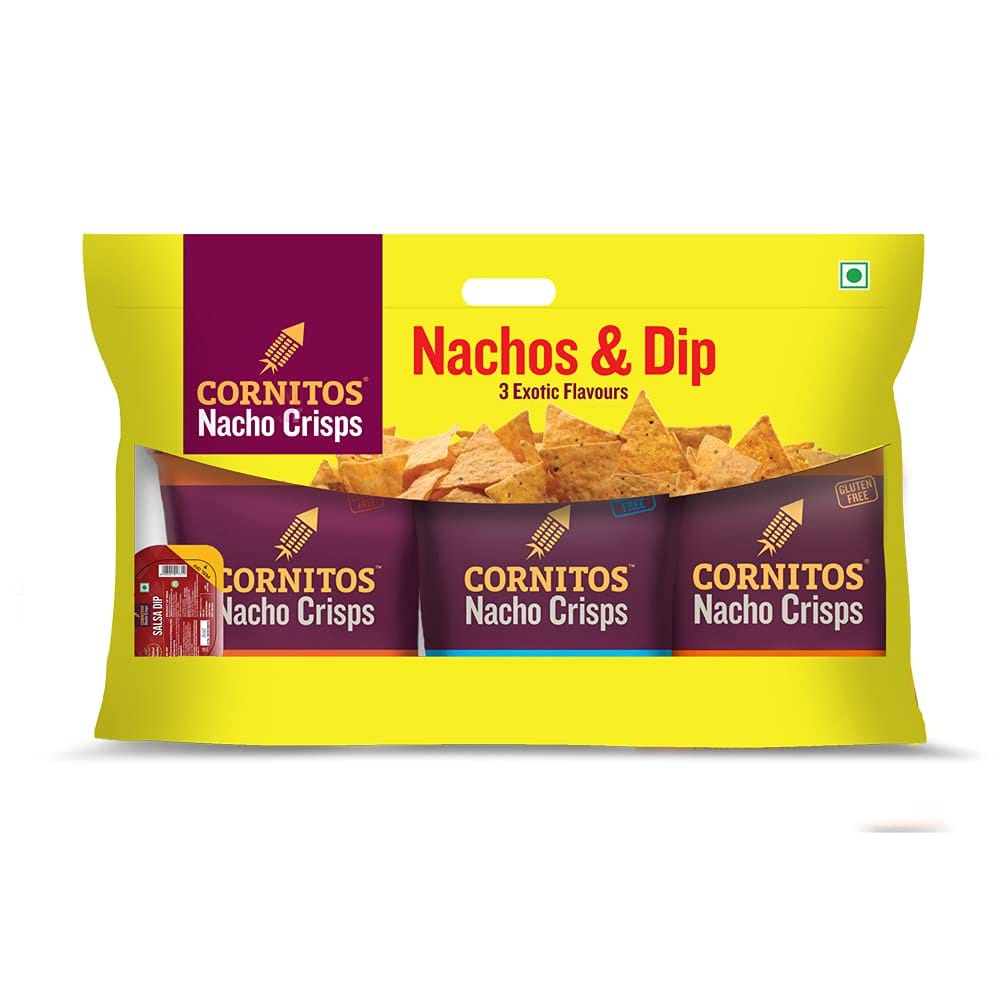 Cornitos Nachos With Salsa Combo, 215G, Enjoy 3 Flavours Of Nachos: Sizzlin Jalapeno, Tikka Masala, And Cheese