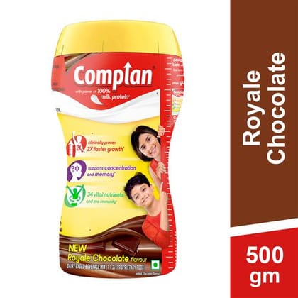 Complan Royale Chocolate Nutritious Health Drink, Vitamin C & A Supports Kids Immune, Clinically Proven For 2X Faster Growth Formula, 500 G Jar