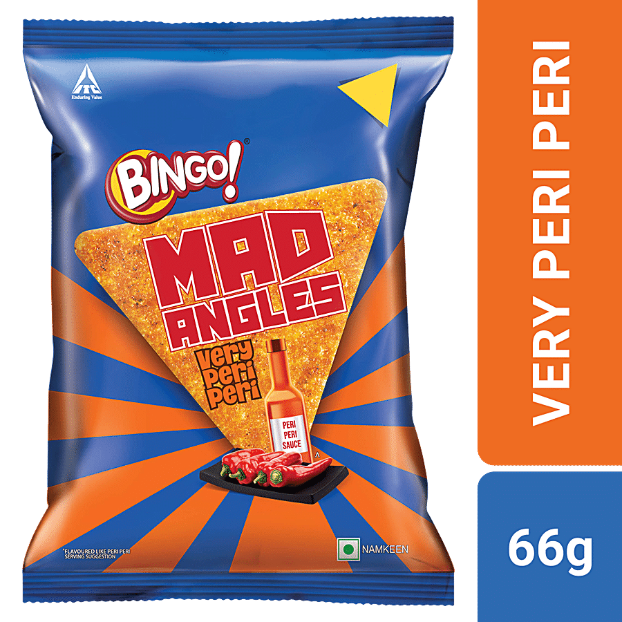 Bingo! Mad Angles Very Peri Peri, Spicy & Crunchy Corn, Based Triangle Chips Pack For Snacks, 66G
