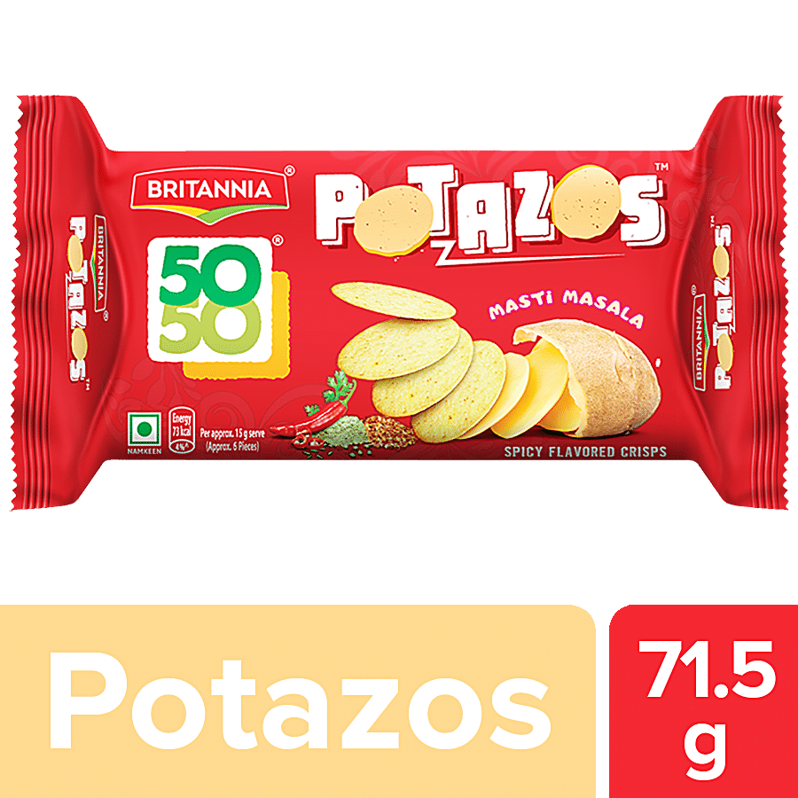 Britannia 50, 50 Potazos, Masti Masala, Spicy Flavoured Crips, Teatime Snack, 71.5 G Pouch