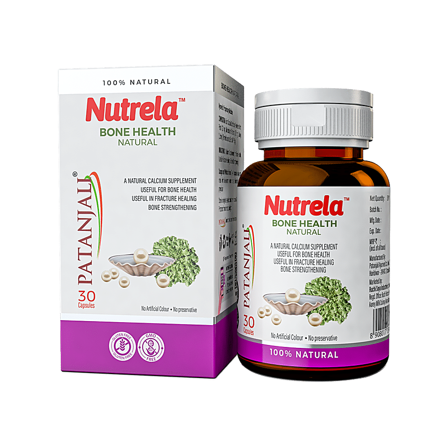 Patanjali Nutrela Bone Health Capsules - 500 Mg, Natural Calcium Supplement, Gluten Free, 30 Pcs