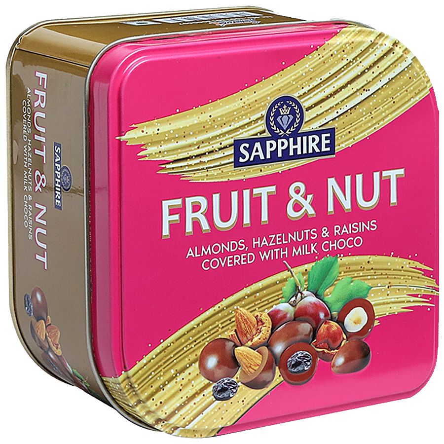 Sapphire Fruit & Nuts - Almonds, Hazelnuts & Raisins Covered With Milk Choco, 90 G Square Tin