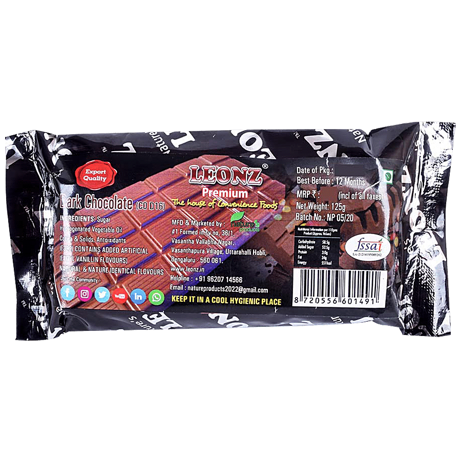 Leonz Dark Chocolate Bar - Smooth & Rich, For Snacking, Desserts, Baking Use, 125 G Pouch