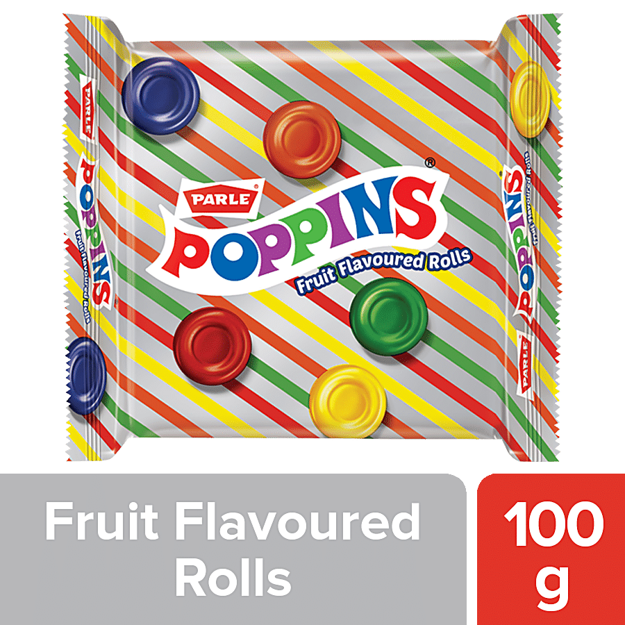 Parle Poppins Candy - Fruit Flavoured Rolls, Tangy & Crunchy, 25 G pack of 4
