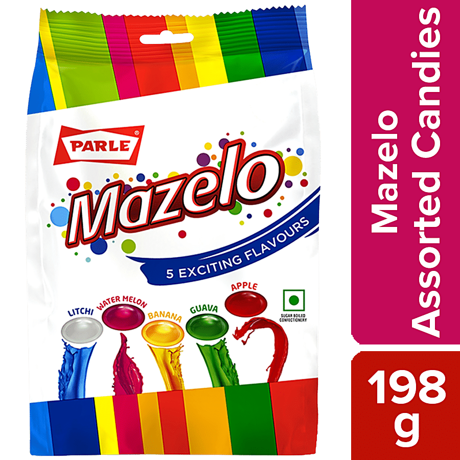 Parle Mazelo Assorted Candies - Litchi, Watermelon, Banana, Guava & Apple, 198 G