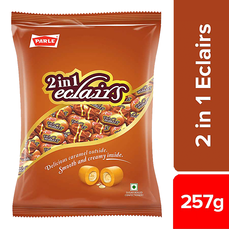 Parle 2 In 1 Eclairs Toffee - Enriched With Milk & Vanilla, Soft, 257 G