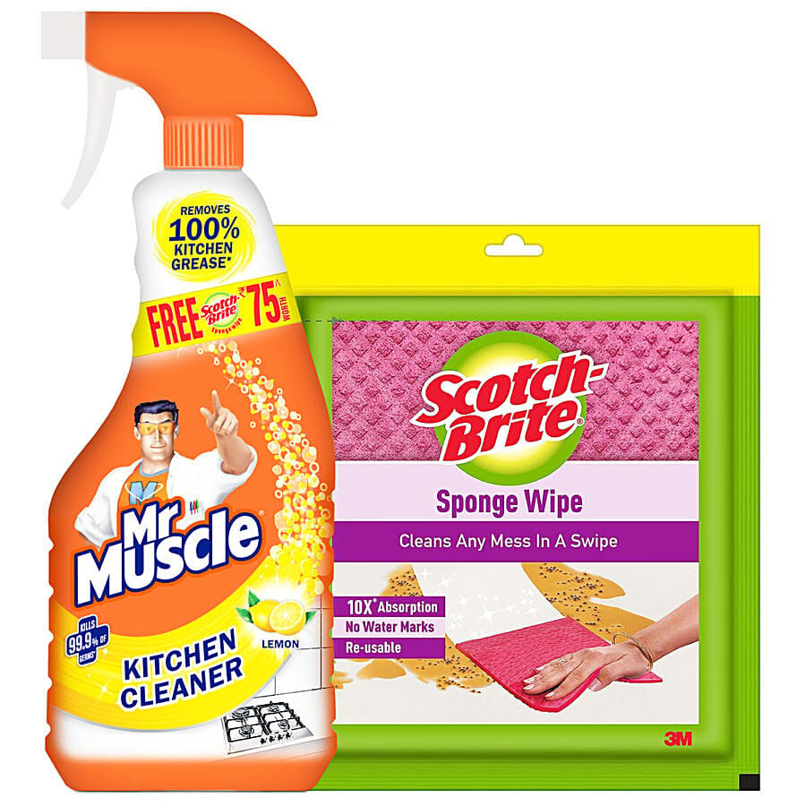 Mr. Muscle Kitchen Cleaner - Lemon, 450 Ml (Get Free Scotch Brite Sponge Wipe)