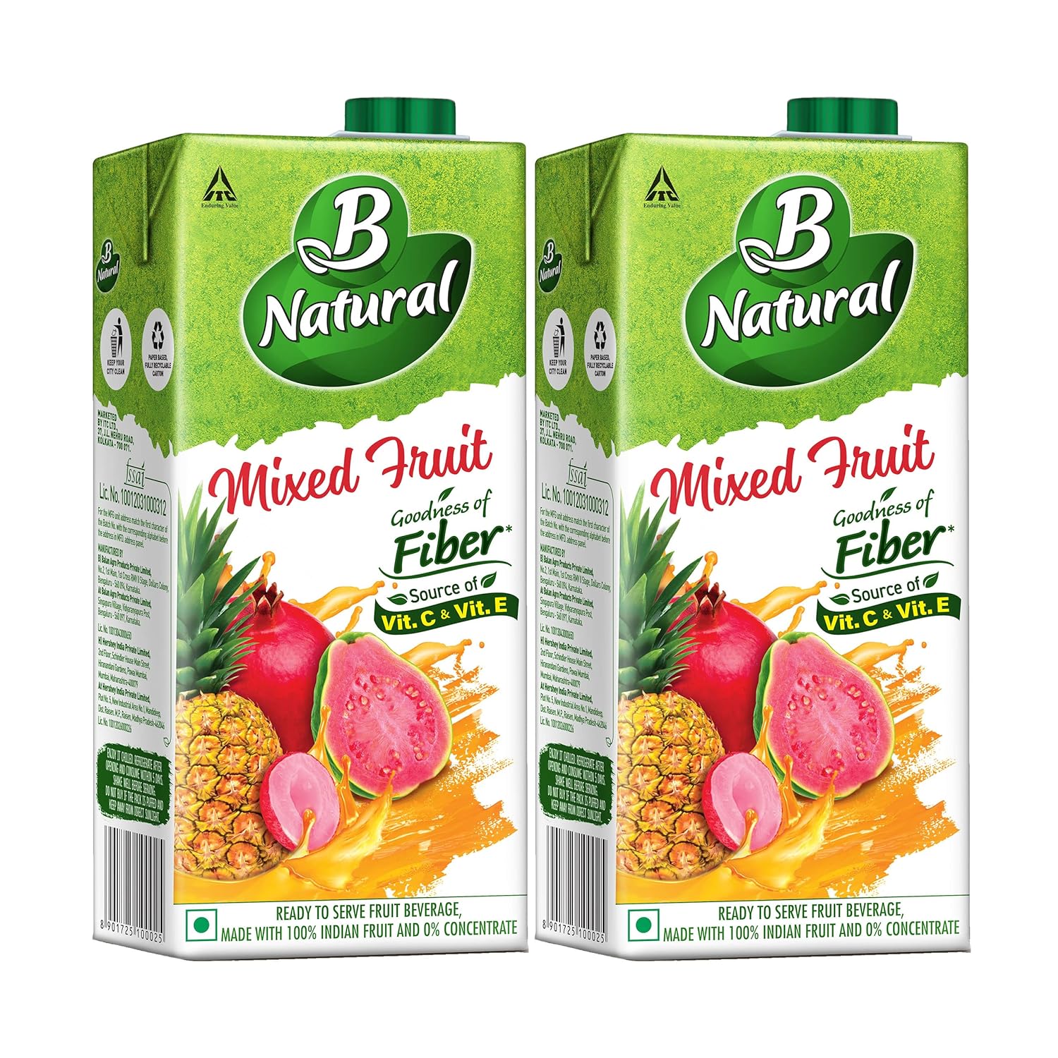 B Natural Mixed Fruit, Goodness Of Fiber, Rich In Vitamin C & E, Made With 100% Indian Fruit And 0% Concentrate, 1 Litre (Pack Of 2)