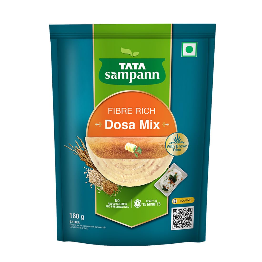 Tata Sampann Fibre Rich Dosa Mix, Ready To Cook Breakfast Mix, Ready In 15 Minutes, Golden, Crispy & Tasty Dosas, Instant Dosa Batter, 180G