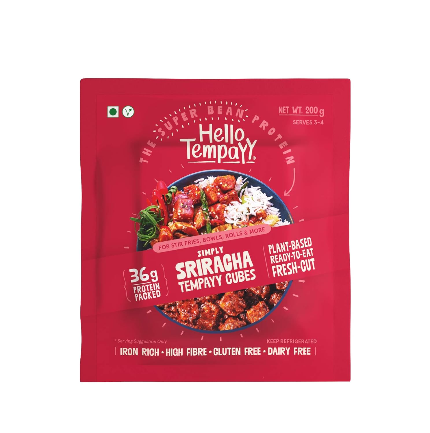 Hello Tempayy Simply Sriracha Soyabean Tempeh Cubes, 200 G