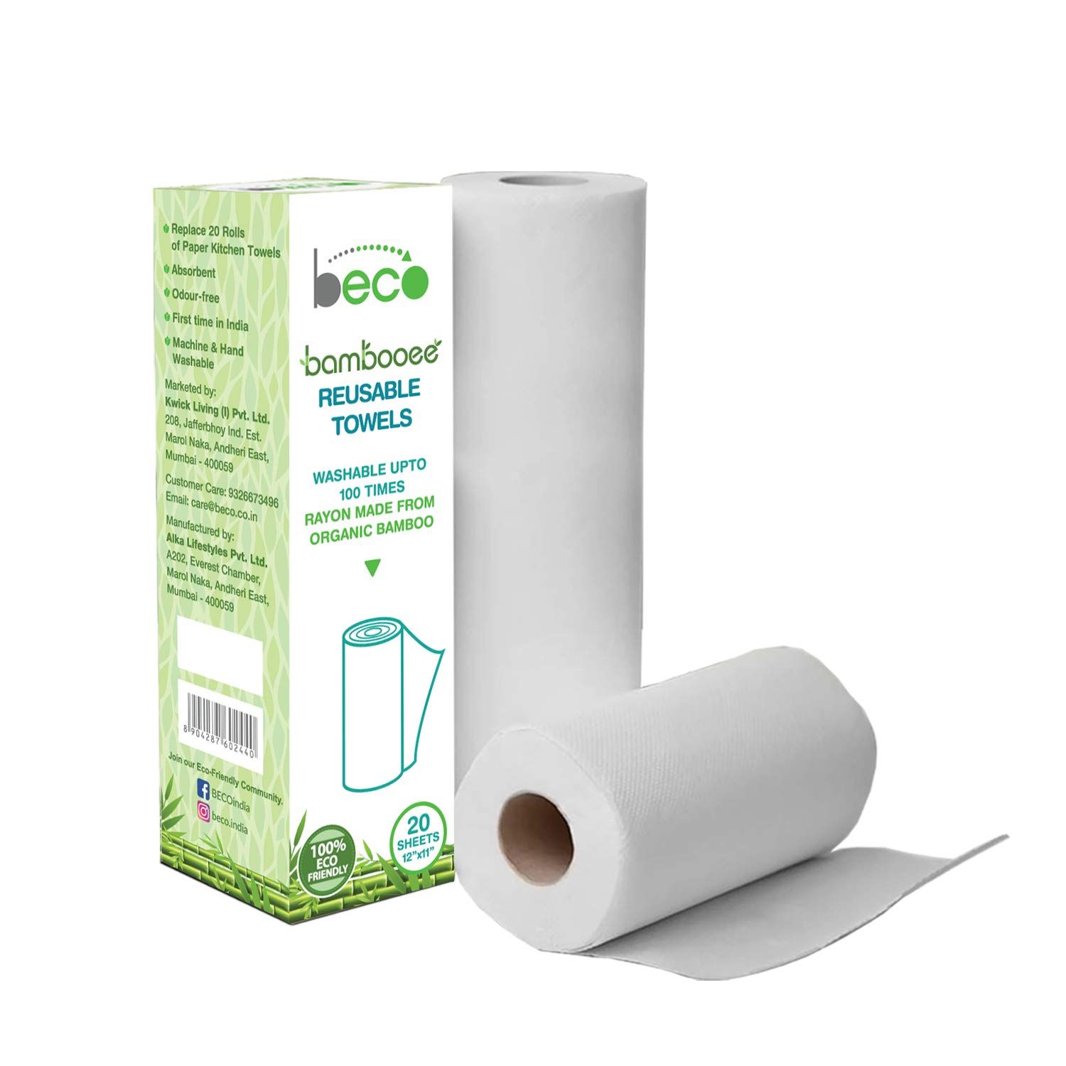 Beco Bambooee Eco Friendly Reusable Kitchen Towel Roll (20 Sheets) | Natural & Organic Cleaning Bamboo Cloth | Kitchen Paper Rolls Alternative | Machine Washable | Unpaper Towels (Pack Of 2 Roll)