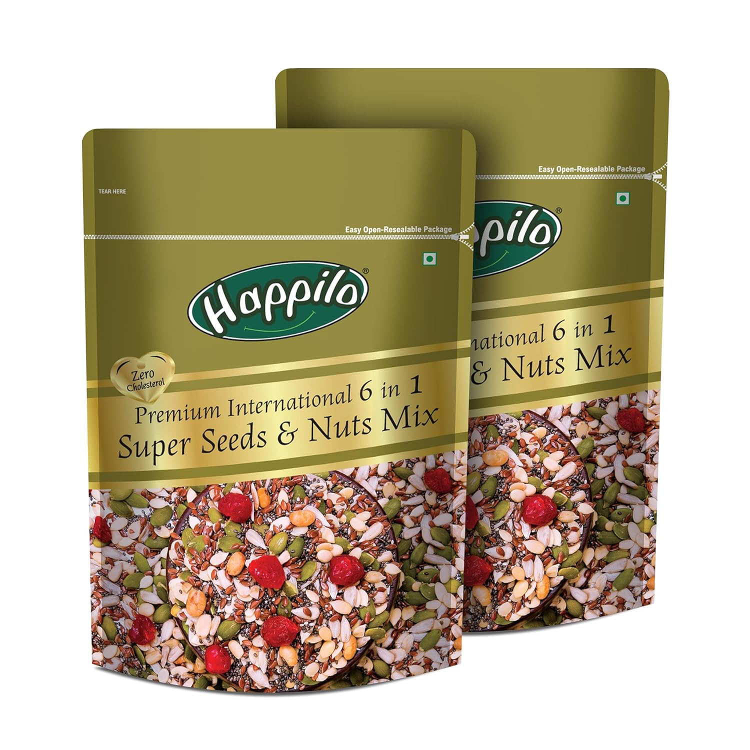 Happilo Premium 6 in 1 Super Seeds & Nuts Mix 250g (Pack of 2), Roasted Pumpkin Seeds, Flax Seeds, Watermelon Seeds, Chia Seeds, Soy Nut, Diet Snacks, Super Healthy Food, 27% Protein
