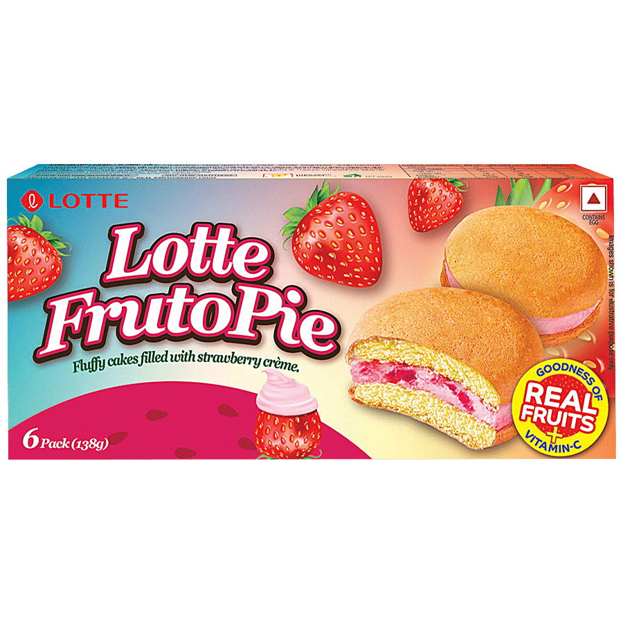 Lotte Fruto Pie - Fluffy Cakes Filled With Strawberry Creme, 23 G (Pack Of 6)