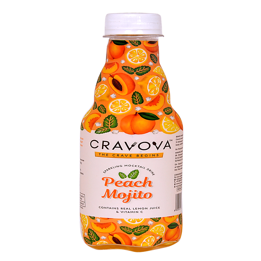 Cravova Sparkling Mocktail Drink - Peach Mojito, Contains Real Lemon Juice & Vitamin C, 300 ml