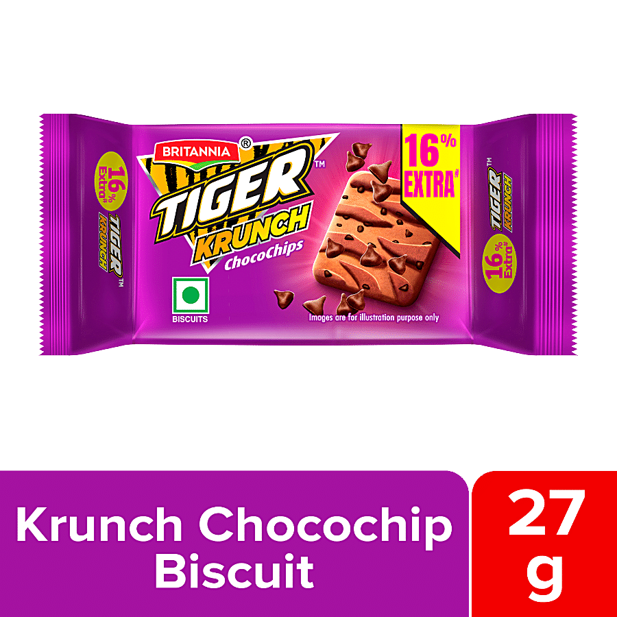 Britannia Tiger Krunch Chocochips Biscuit - Crunchy, Ready To Eat, 27 G (Get 16% Extra)